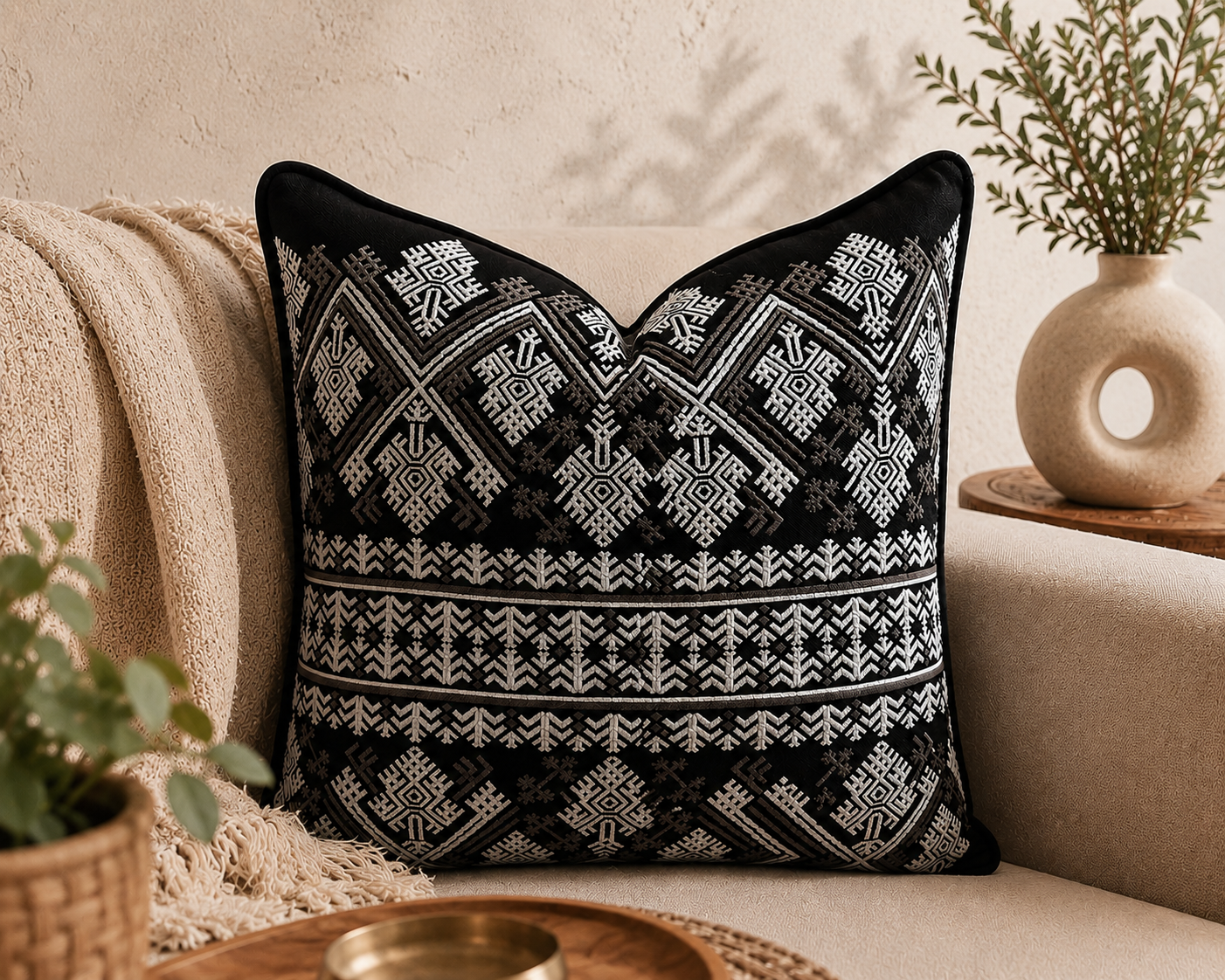 Coussin décoratif noir à motifs ethniques marocains blancs dans une ambiance néobeldi chic avec canapé beige et décoration minimaliste élégante.