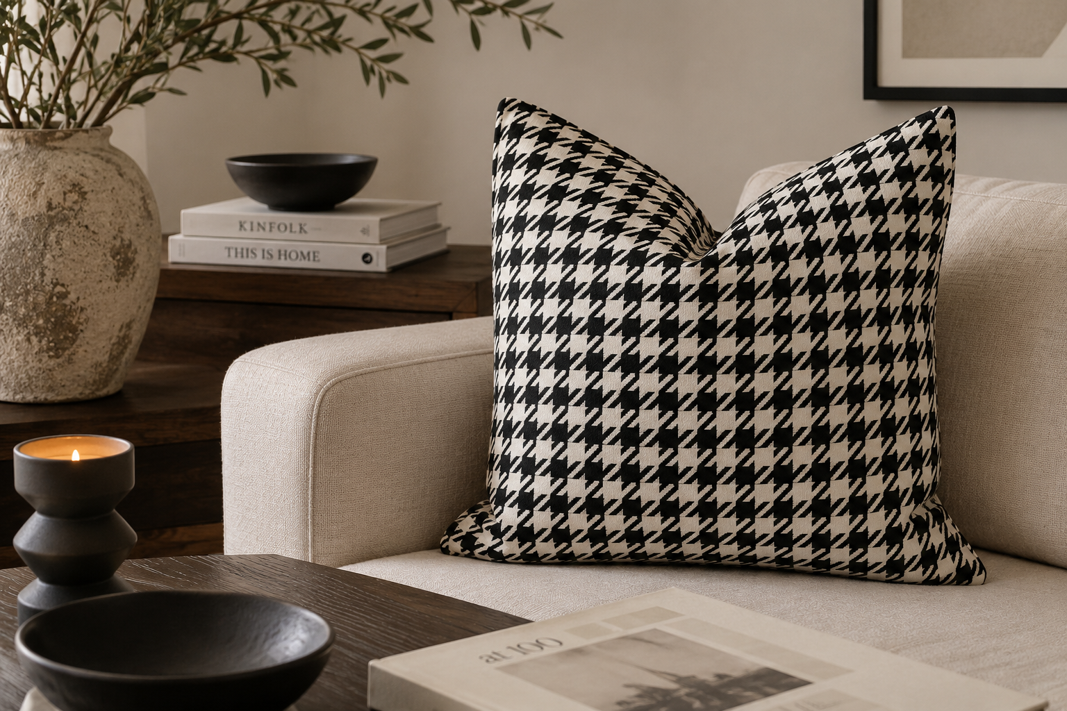 Coussin noir et blanc à motif pied-de-poule dans un salon moderne et élégant avec canapé beige et décoration minimaliste chic.