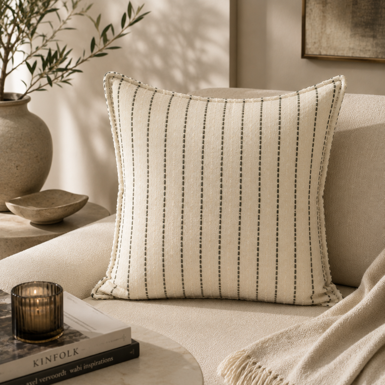 Coussin décoratif grid à fines rayures idans une ambiance minimaliste et chaleureuse, posé sur un canapé beige avec décoration naturelle et tons neutres.