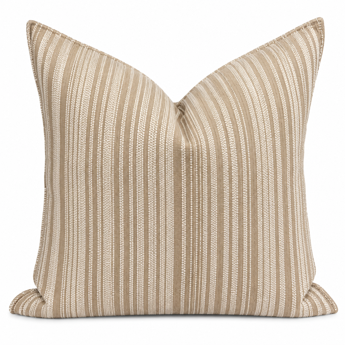 Coussin décoratif 50x50 cm à rayures verticales taupe et gris en tissu texturé.