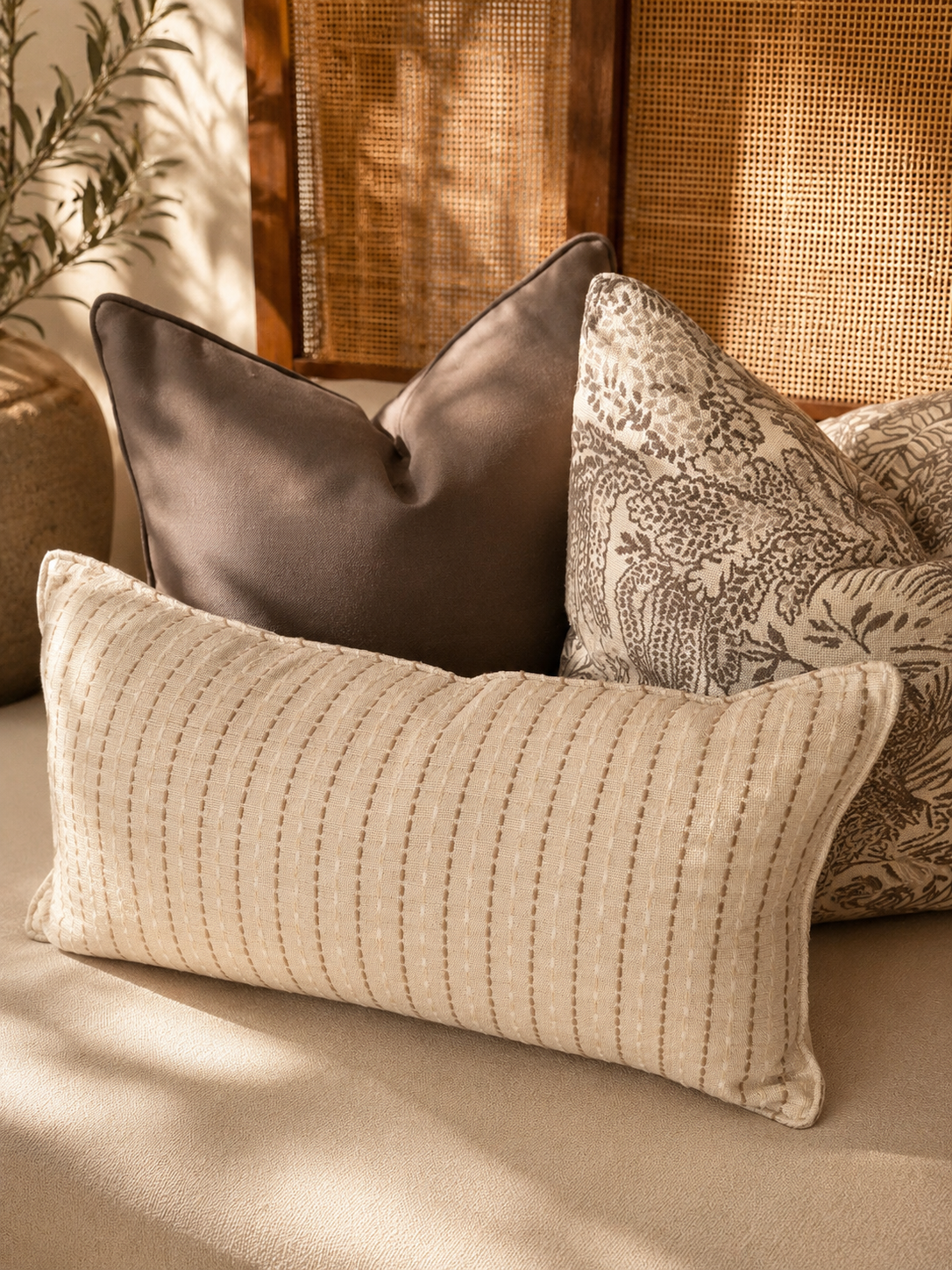 Coussin rectangulaire écru à fines rayures beiges en tissu tissé au Maroc, mis en scène avec des coussins aux tons taupe dans une ambiance de salon élégante et chaleureuse.