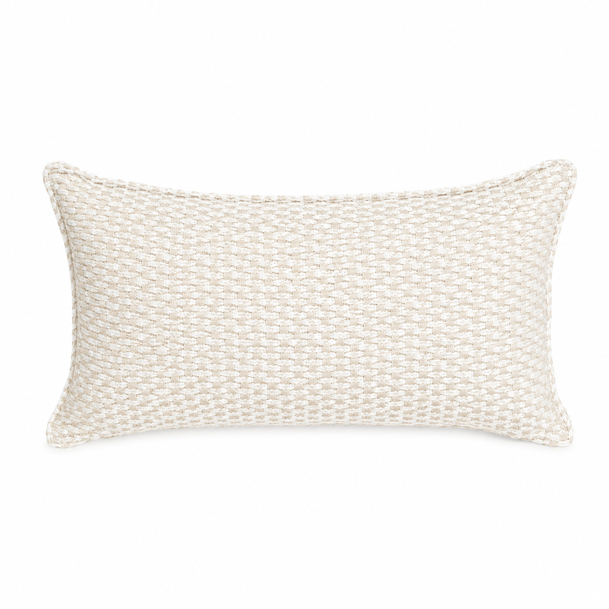 Coussin décoratif rectangulaire écru à texture tissée en tissu d'ameublement fabriqué au Maroc, idéal pour une décoration intérieure élégante et moderne.