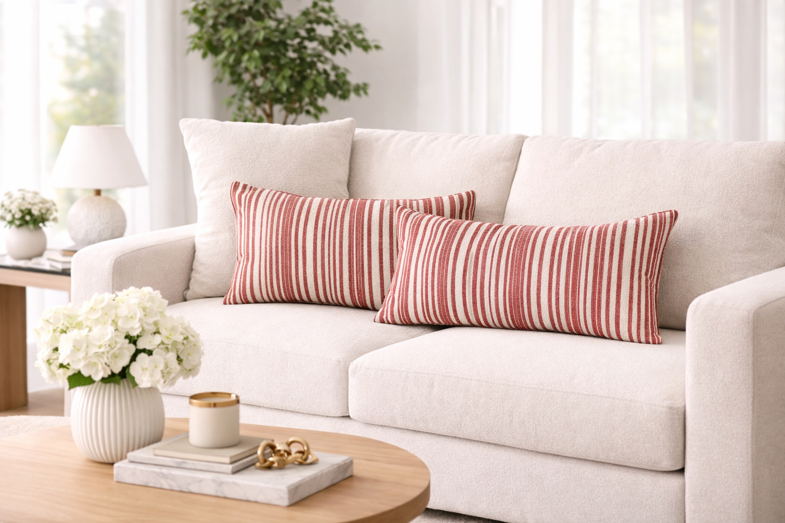 Coussins rectangulaires à rayures terracotta et écru posés sur un fauteuil clair dans une ambiance salon lumineuse et élégante