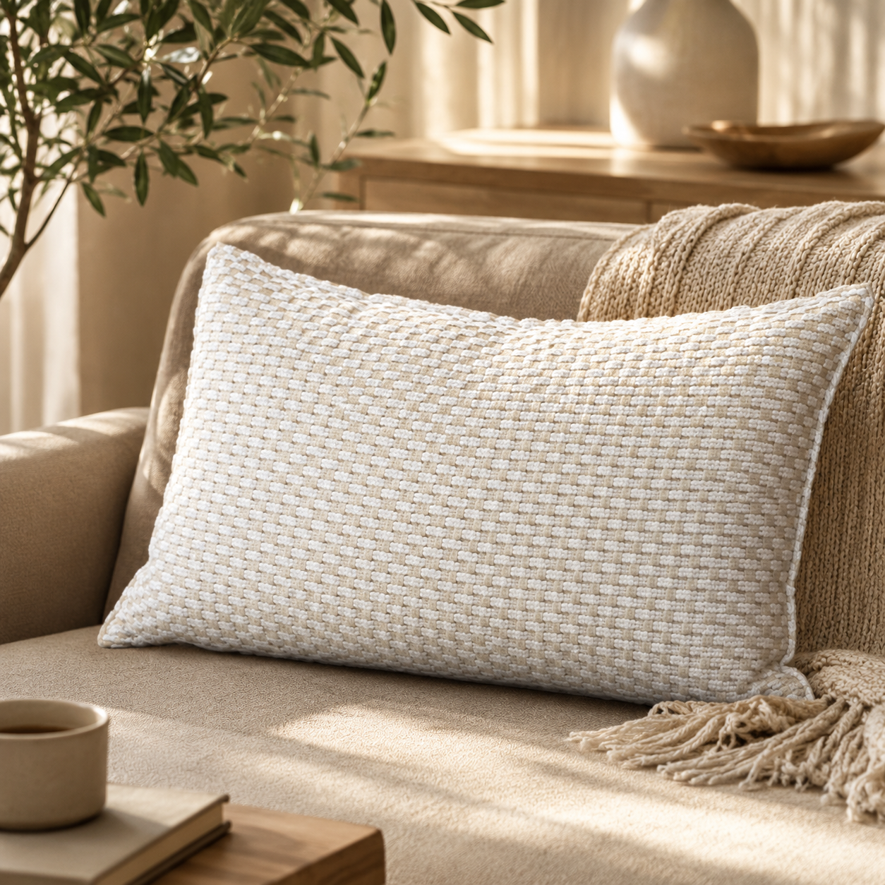 Coussin rectangulaire écru texturé sur canapé beige dans une ambiance chaleureuse et minimaliste, création exclusive Biyadi Collection.