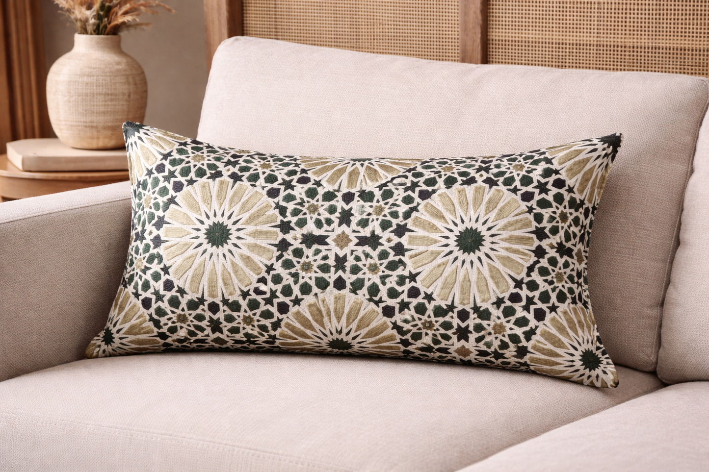 Coussin rectangulaire décoratif en tissu tissé marocain à motif zellij vert, mis en scène sur canapé dans une ambiance élégante et contemporaine.