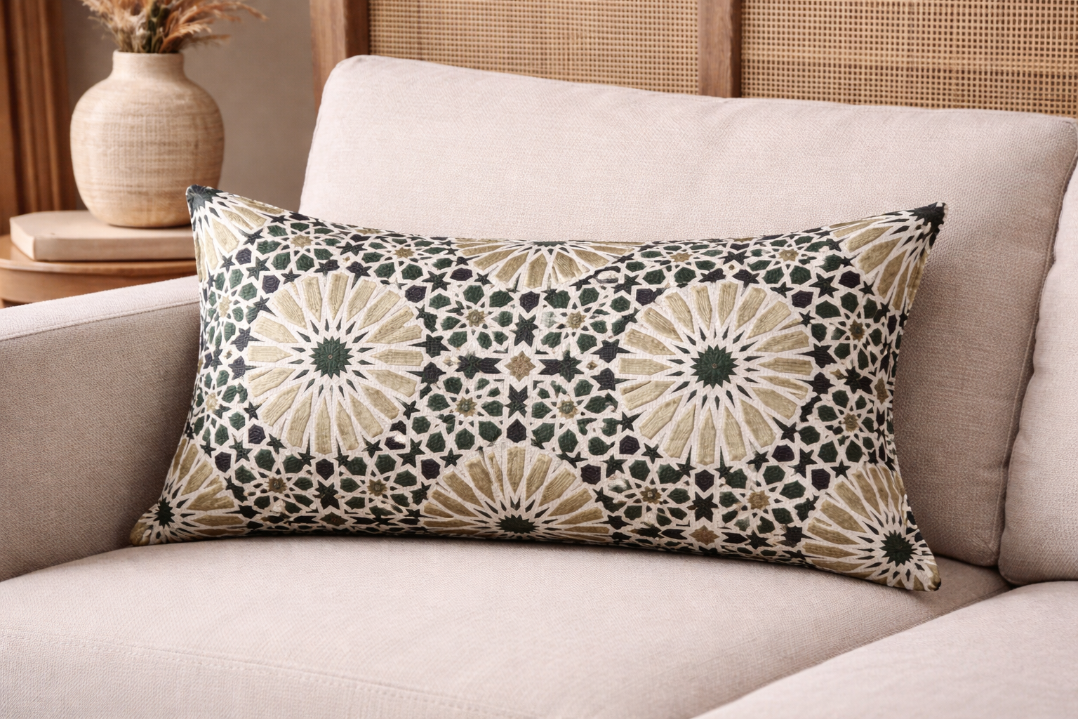 Coussin rectangulaire décoratif en tissu tissé marocain à motif zellij vert, mis en scène sur canapé dans une ambiance élégante et contemporaine.