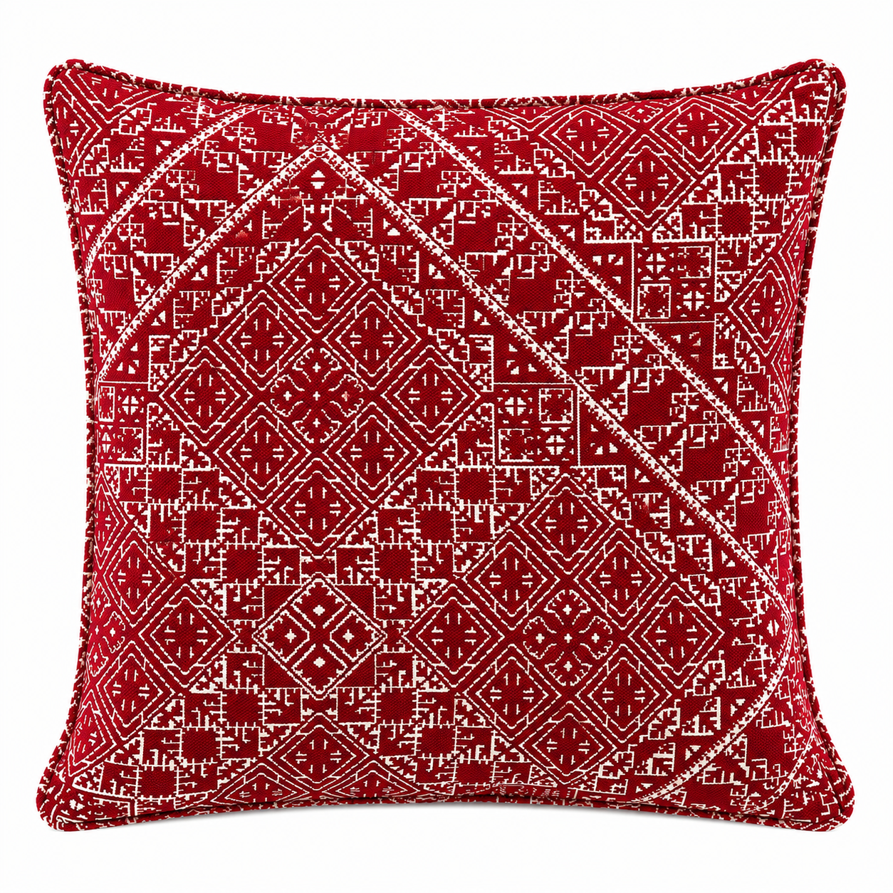 Coussin rouge  à motifs géométriques tissés en relief sur fond blanc, style néobeldi moderne pour décoration de salon – Biyadi Collection.
