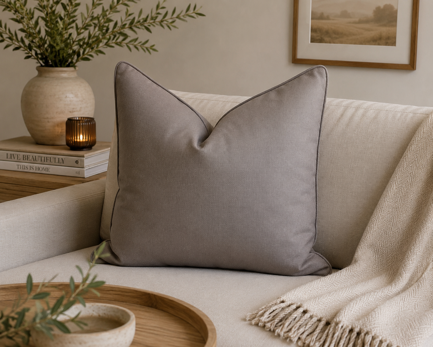 Coussin décoratif  taupe uni dans une ambiance chaleureuse et raffinée, posé sur un canapé beige avec décoration naturelle et style intérieur contemporain.