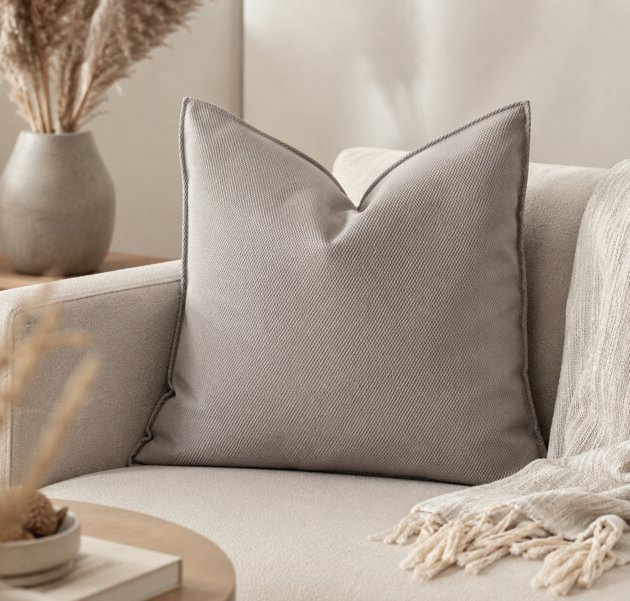 Coussin carré taupe texturé posé sur un canapé beige dans une ambiance chaleureuse et élégante, style décoration intérieure moderne et minimaliste.