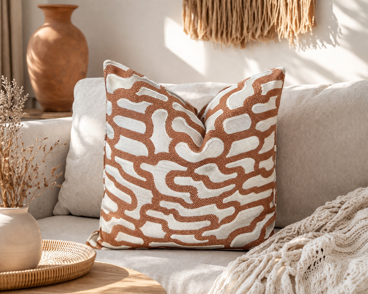 Coussin décoratif terracotta et blanc en tissu marocain tissé en relief, dans un salon moderne lumineux avec canapé élégant