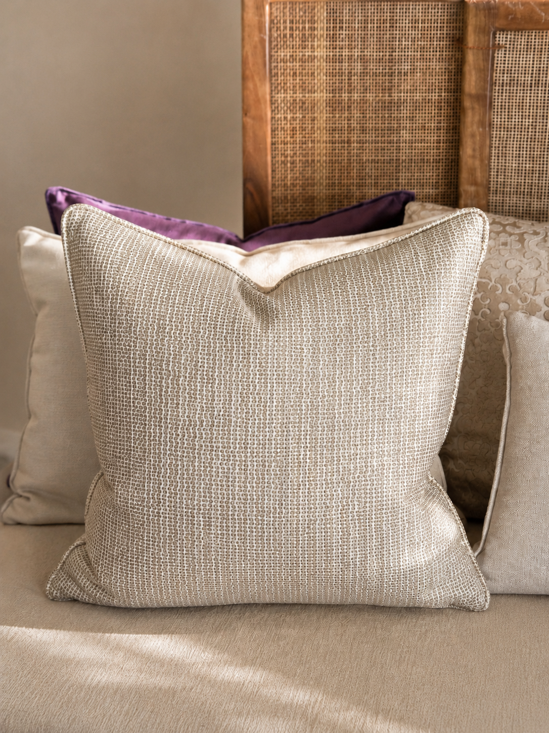 Coussin décoratif taupe et bronze texturé au style élégant et raffiné, présenté dans une ambiance chaleureuse aux tons neutres avec détails en bois et cannage. Création Biyadi Collection.