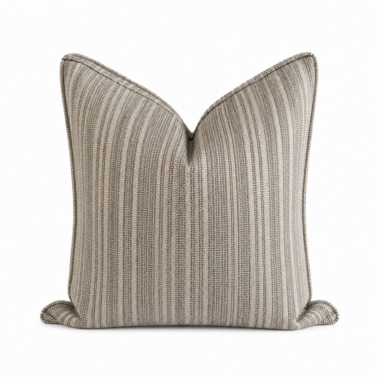Coussin décoratif à finition valise avec rayures taupes  en tissu tissé au Maroc, idéal pour une décoration de salon moderne et élégante.