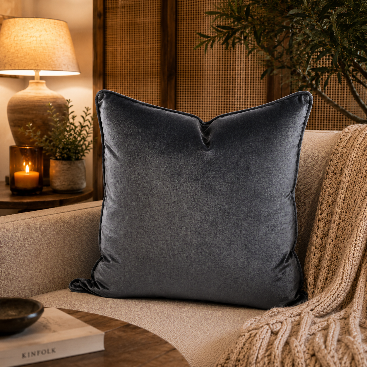 Coussin décoratif en velours gris  dans une ambiance chaleureuse et élégante, posé sur un canapé beige avec décoration naturelle et style néobeldi raffiné.
