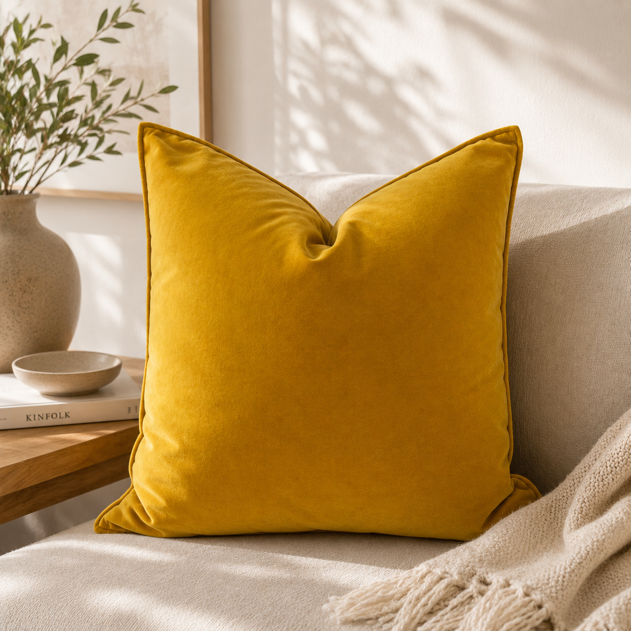 Coussin décoratif en velours jaune moutarde posé sur un canapé beige dans une ambiance élégante et chaleureuse avec décoration naturelle et lumière douce.