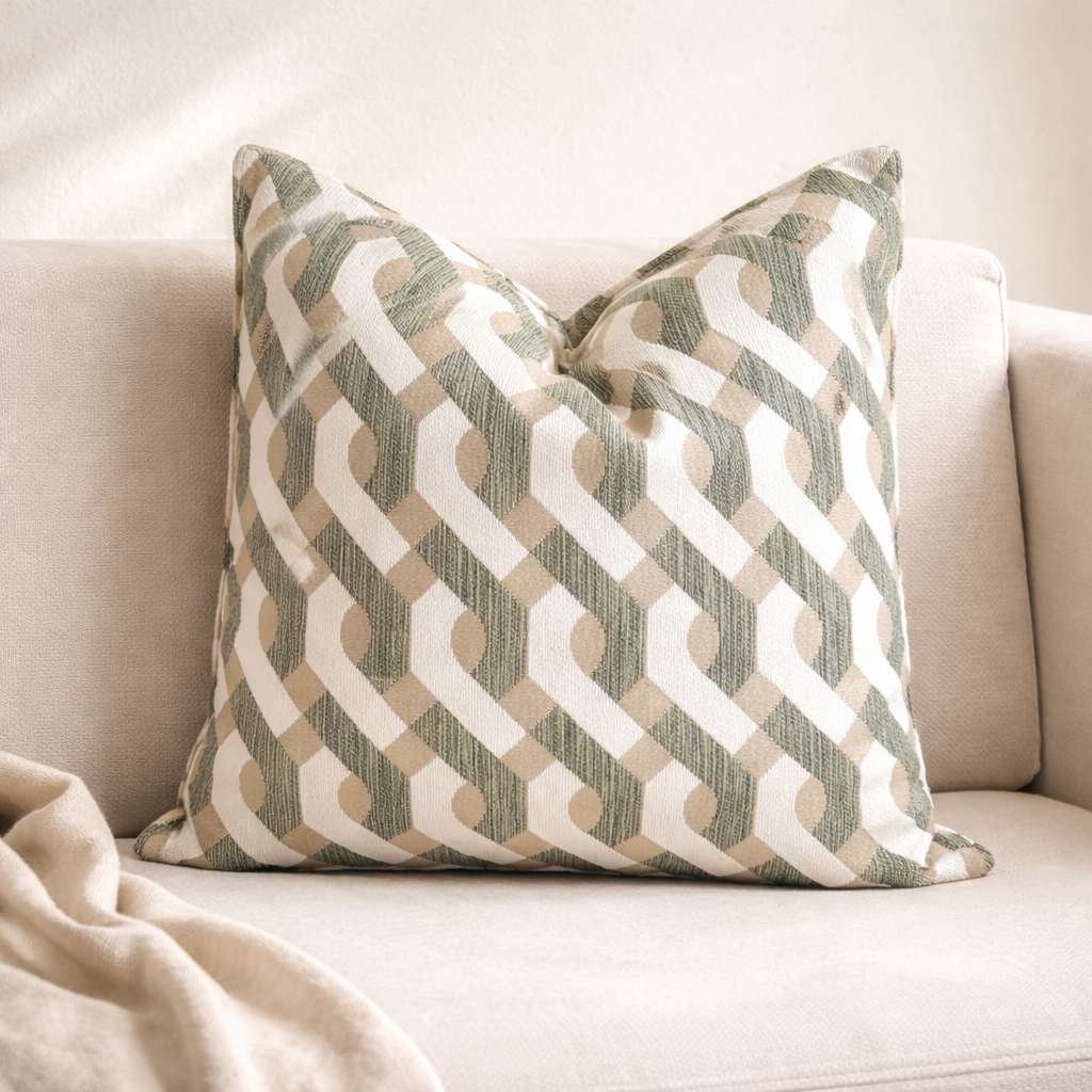 Coussin décoratif vert et beige à motif géométrique en tissu marocain, posé sur un canapé dans un intérieur moderne