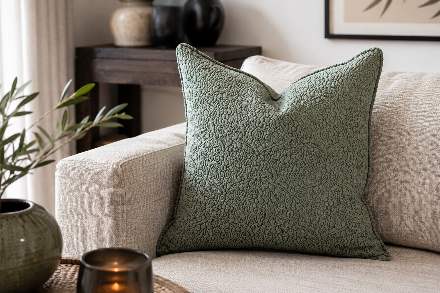 Coussin vert  à motif floral en relief dans un salon élégant et chaleureux avec canapé beige et décoration naturelle contemporaine.