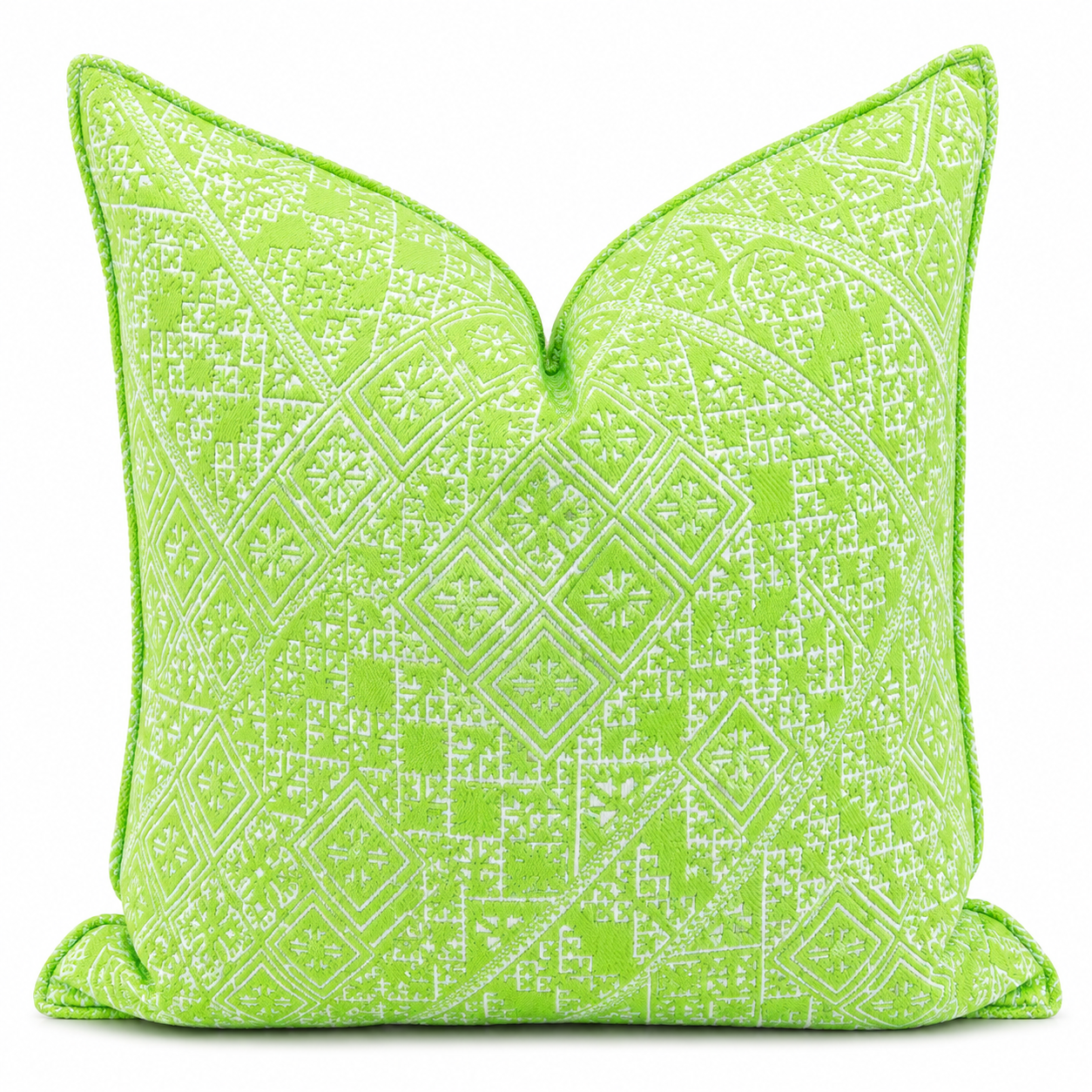 Coussin décoratif vert fluo à motif géométrique marocain tissé en relief, idéal pour une décoration moderne et néobeldi – Biyadi Collection.