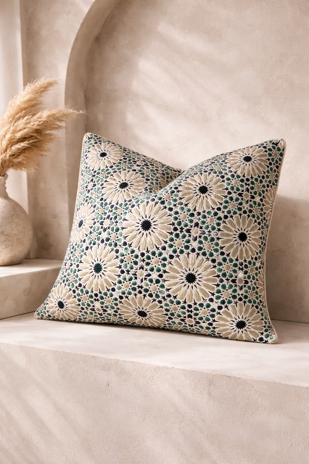 Coussin décoratif en tissu marocain tissé en relief, motif zellige vert et beige, dans une ambiance minimaliste avec mur tadelakt