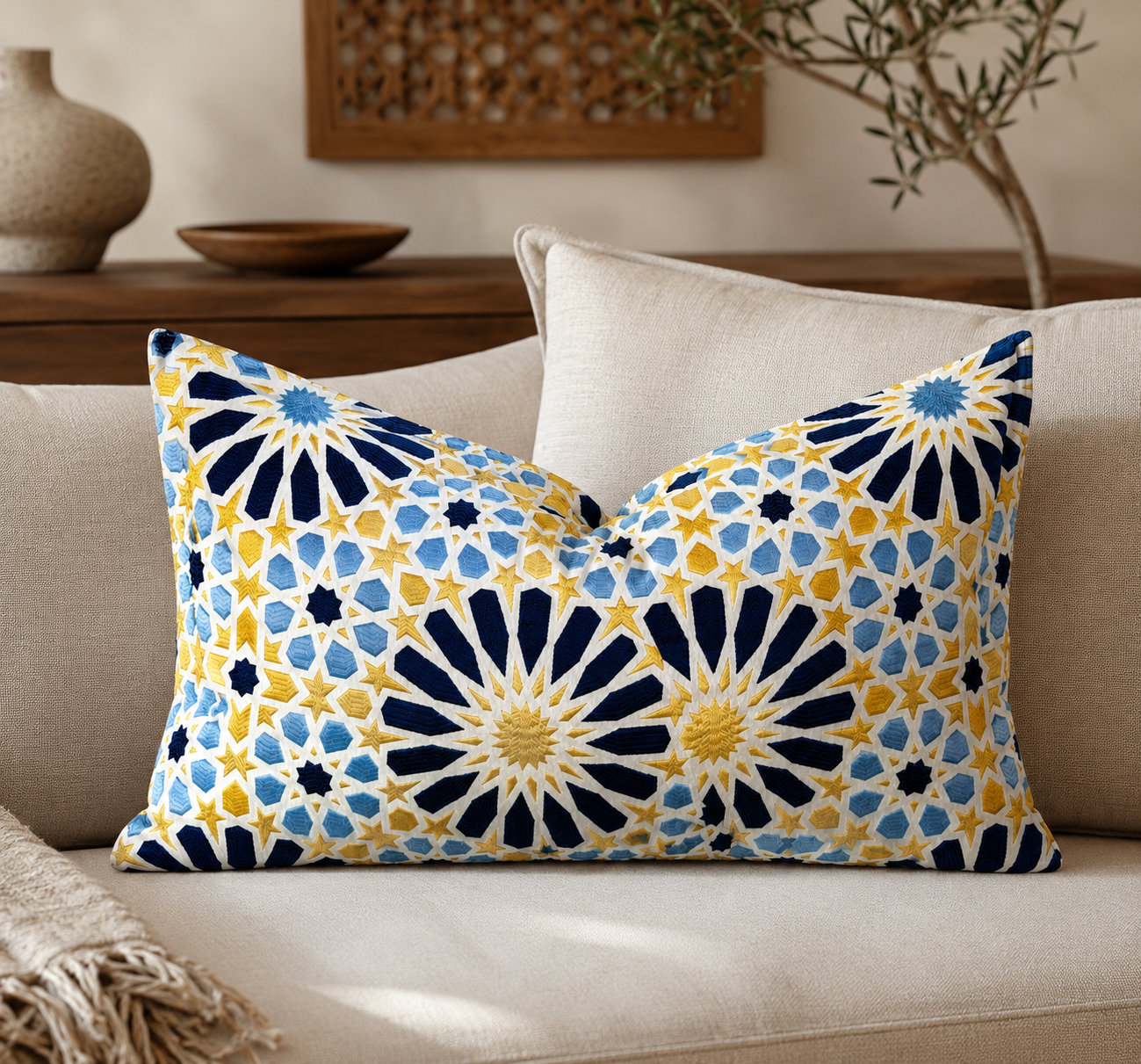 Coussin rectangulaire à motif zellij bleu et jaune dans un salon élégant au style néobeldi avec canapé beige et décoration chaleureuse haut de gamme.