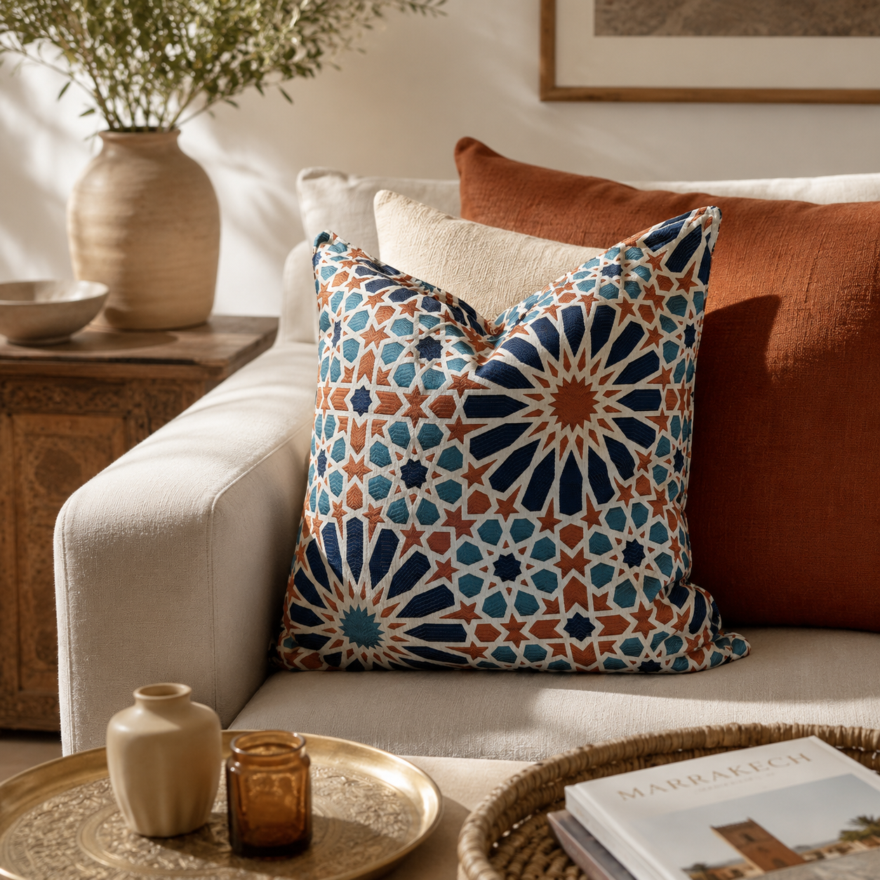 Coussin Zellij bleu et terracotta à motif géométrique marocain posé sur un canapé beige dans une ambiance chaleureuse et élégante aux inspirations marocaines contemporaines.