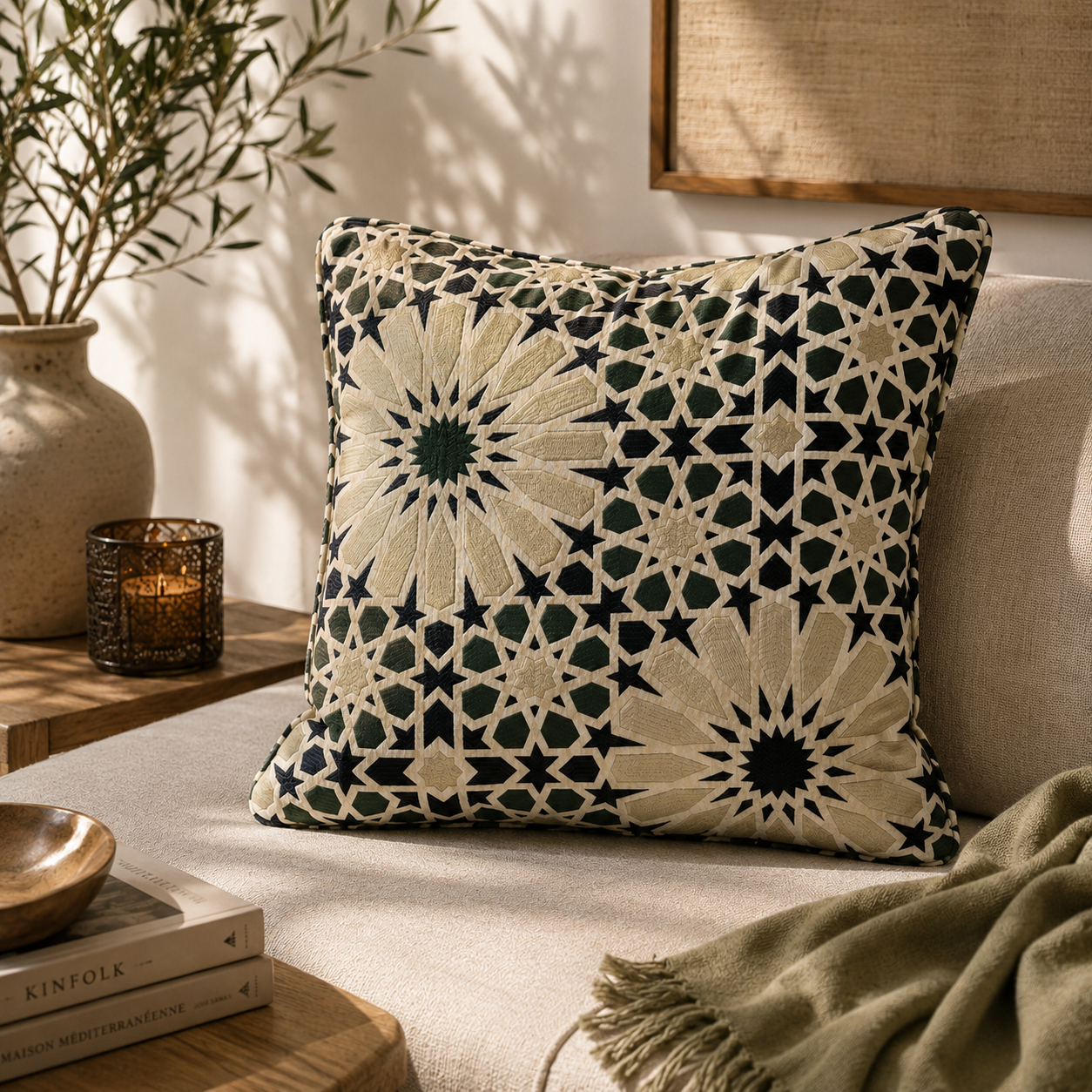 Coussin décoratif à motif zellij vert et bleu dans une ambiance élégante et chaleureuse, posé sur un canapé beige avec décoration naturelle et lumière douce.