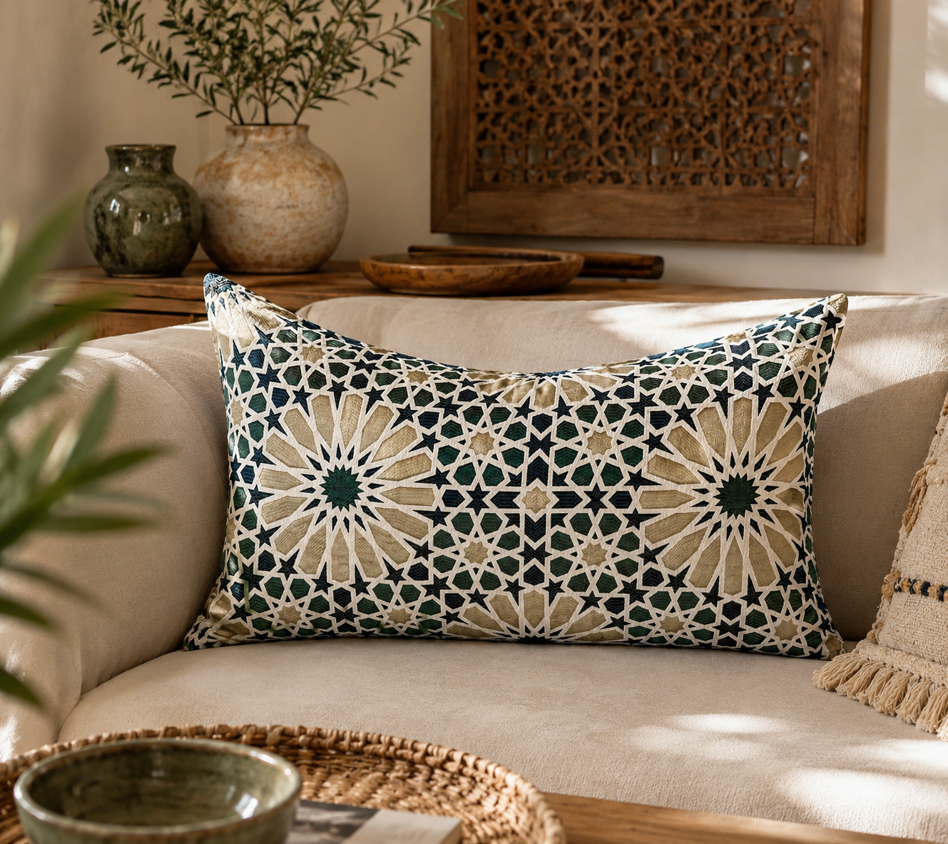 Coussin rectangulaire à motif zellij vert et beige dans un salon élégant avec canapé crème, décoration boisée et ambiance chaleureuse néobeldi.