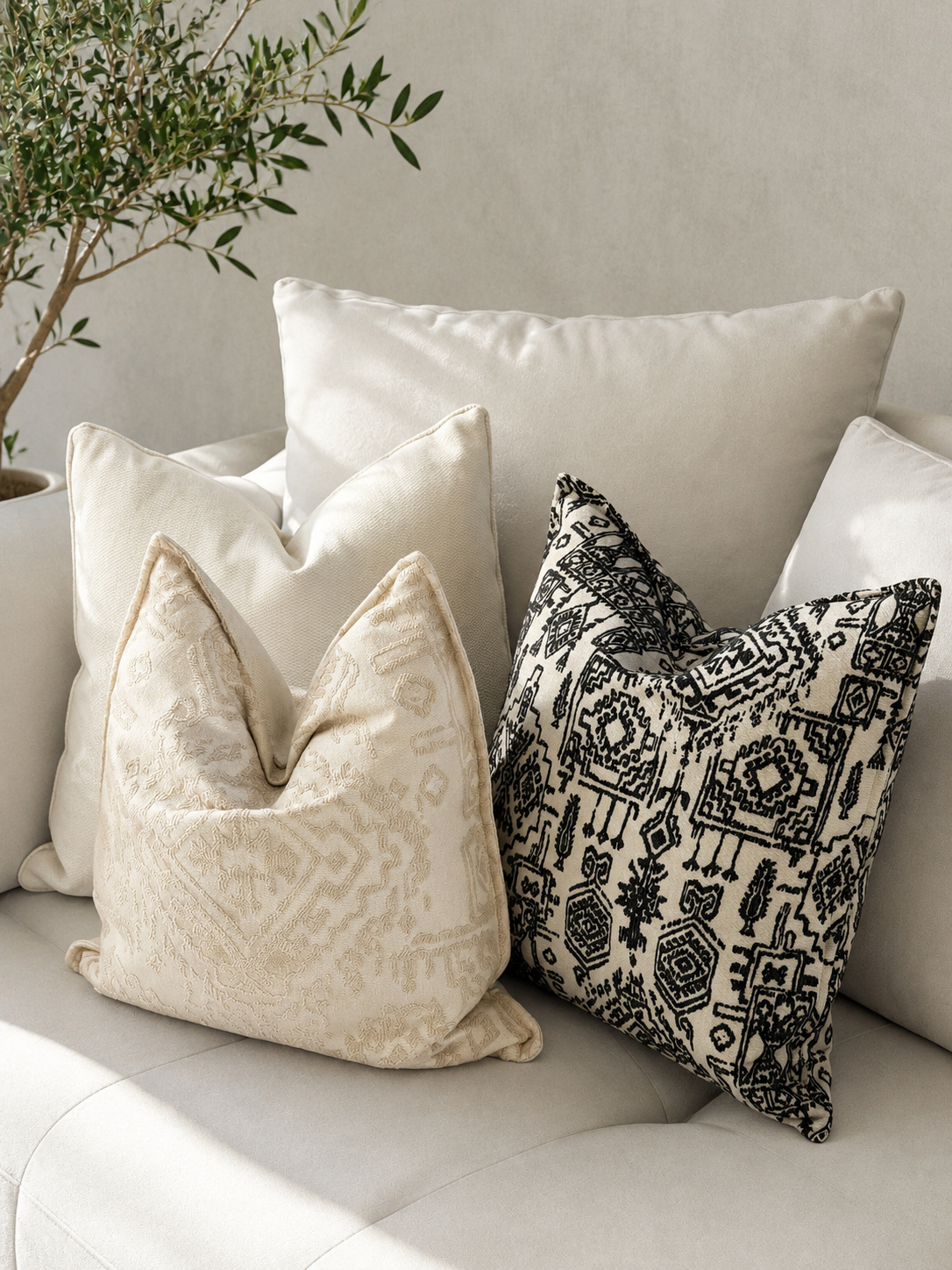Coussins décoratifs ethniques noir et écru dans une ambiance néobeldi élégante avec canapé beige et décoration minimaliste – Biyadi Collection.