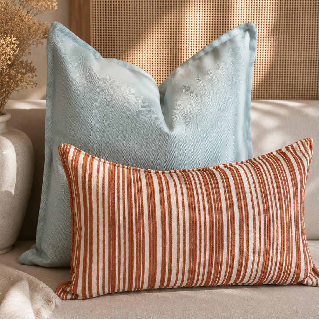 Composition de coussins décoratifs vert haut de gamme dans une ambiance élégante, avec un coussin rayé terracotta et écru associé à un coussin vert pastel texturé sur canapé beige.