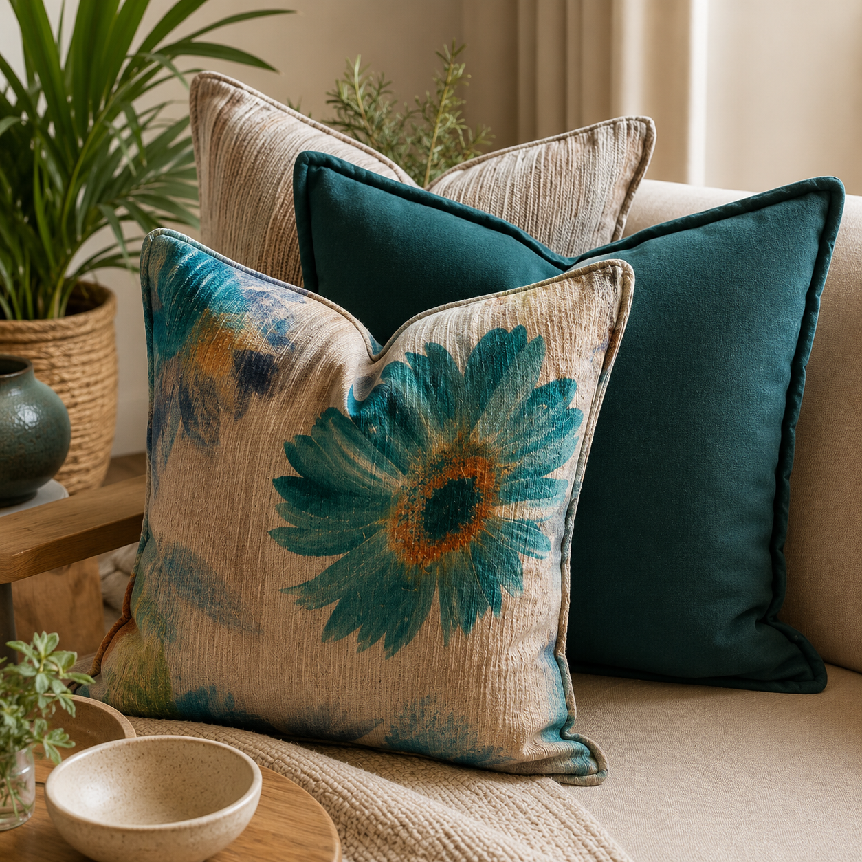 Ambiance élégante avec coussins vert émeraude et coussin floral turquoise sur canapé beige dans un intérieur chaleureux et moderne – Biyadi Collection.