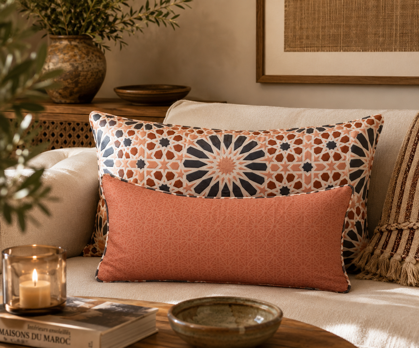 Composition de coussins décoratifs terracotta et motif zellij marocain dans une ambiance chaleureuse et élégante sur canapé beige, création exclusive Biyadi Collection.