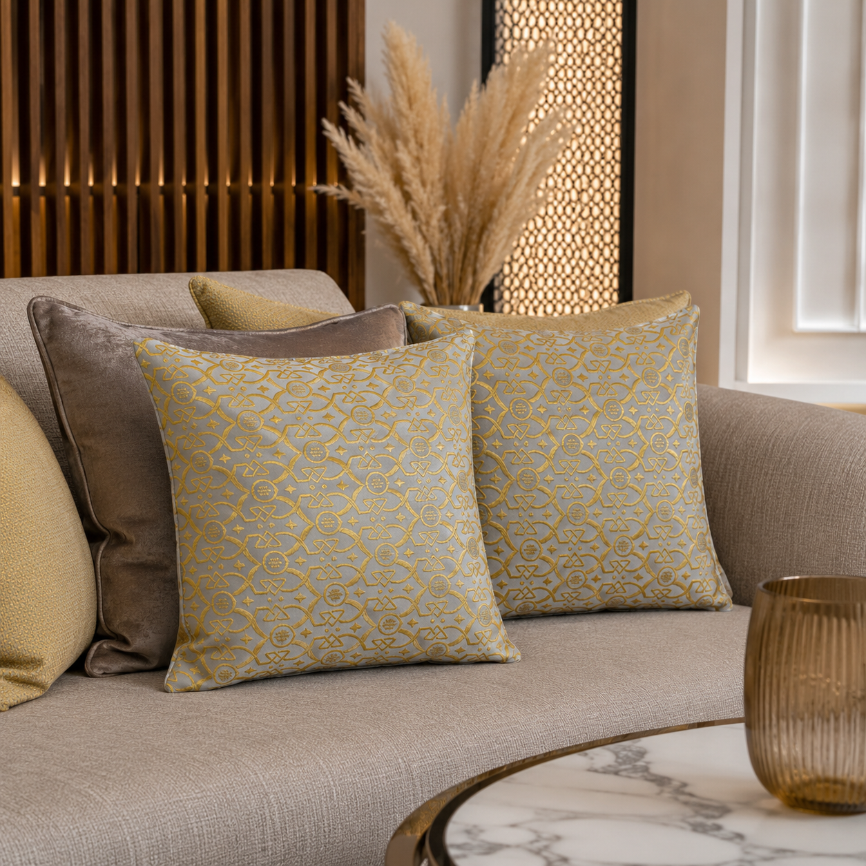Coussins décoratifs jaune à motif oriental en relief, coordonnés à un salon moderne avec tissu d’ameublement tissé au Maroc par Biyadi Collection.