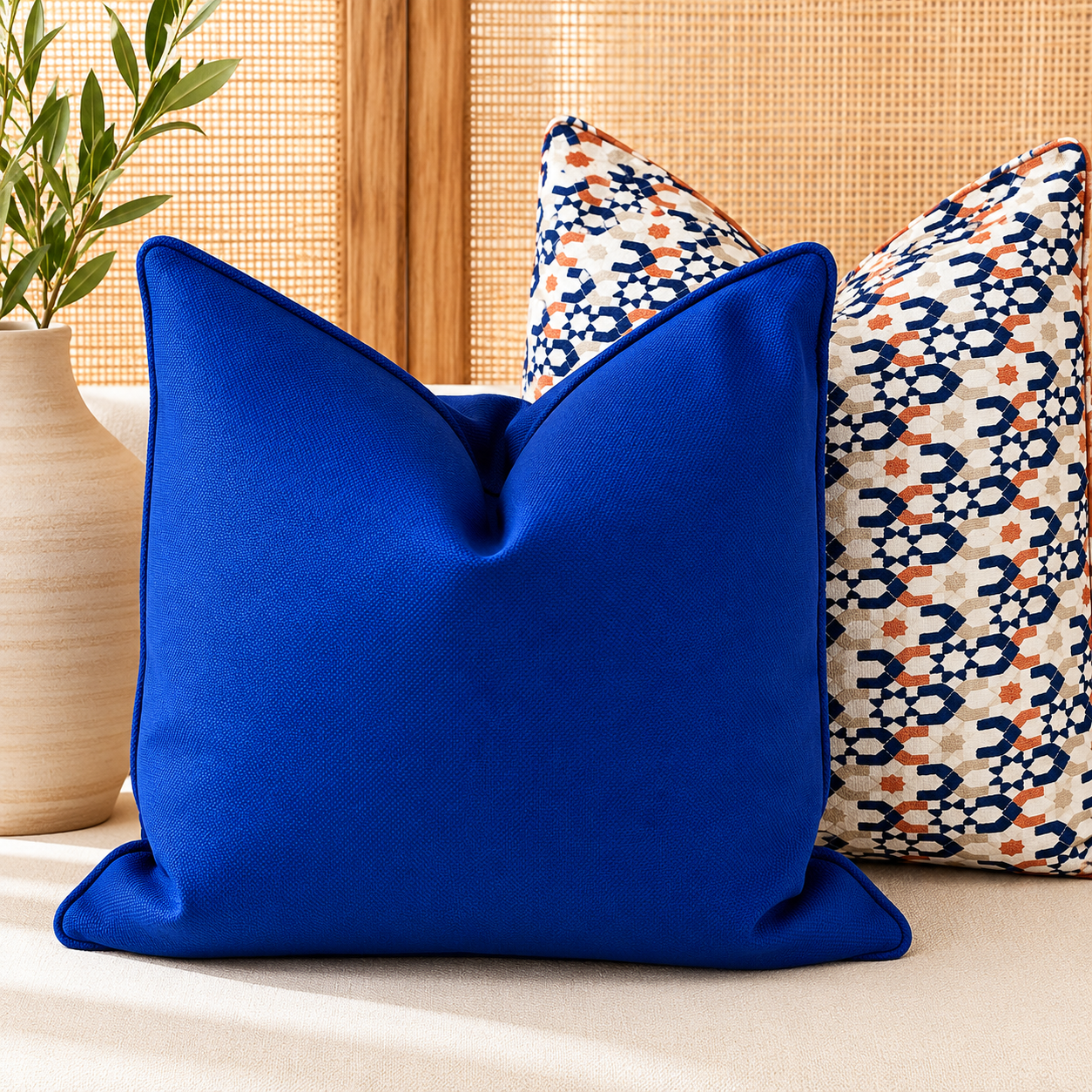 uo de coussins décoratifs avec un coussin uni bleu électrique et un coussin à motif géométrique bleu et terracotta, dans une ambiance élégante et moderne.