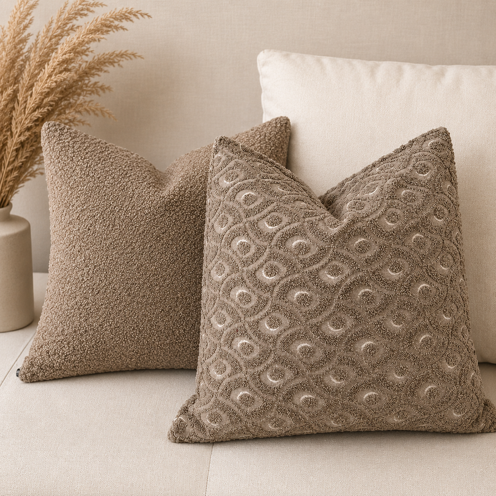 Ensemble de coussins décoratifs en tissu bouclette taupe avec motif géométrique en relief, disposés sur un canapé dans un intérieur moderne et chaleureux.