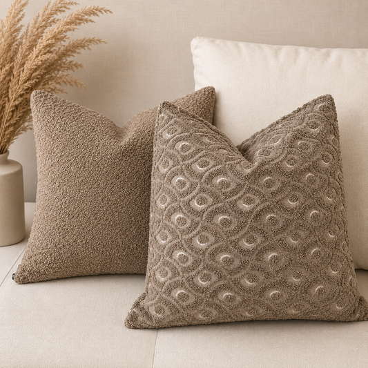 Ensemble de coussins décoratifs en tissu bouclette taupe avec motif géométrique en relief, disposés sur un canapé dans un intérieur moderne et chaleureux.