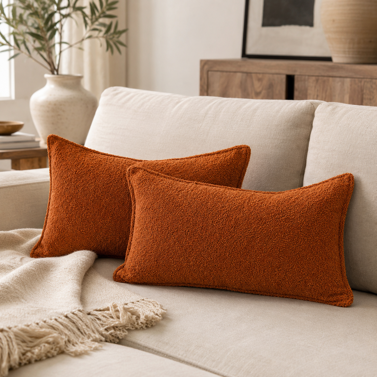 Deux coussins bouclette terracotta dans une ambiance chaleureuse et moderne sur canapé beige avec décoration aux tons naturels.