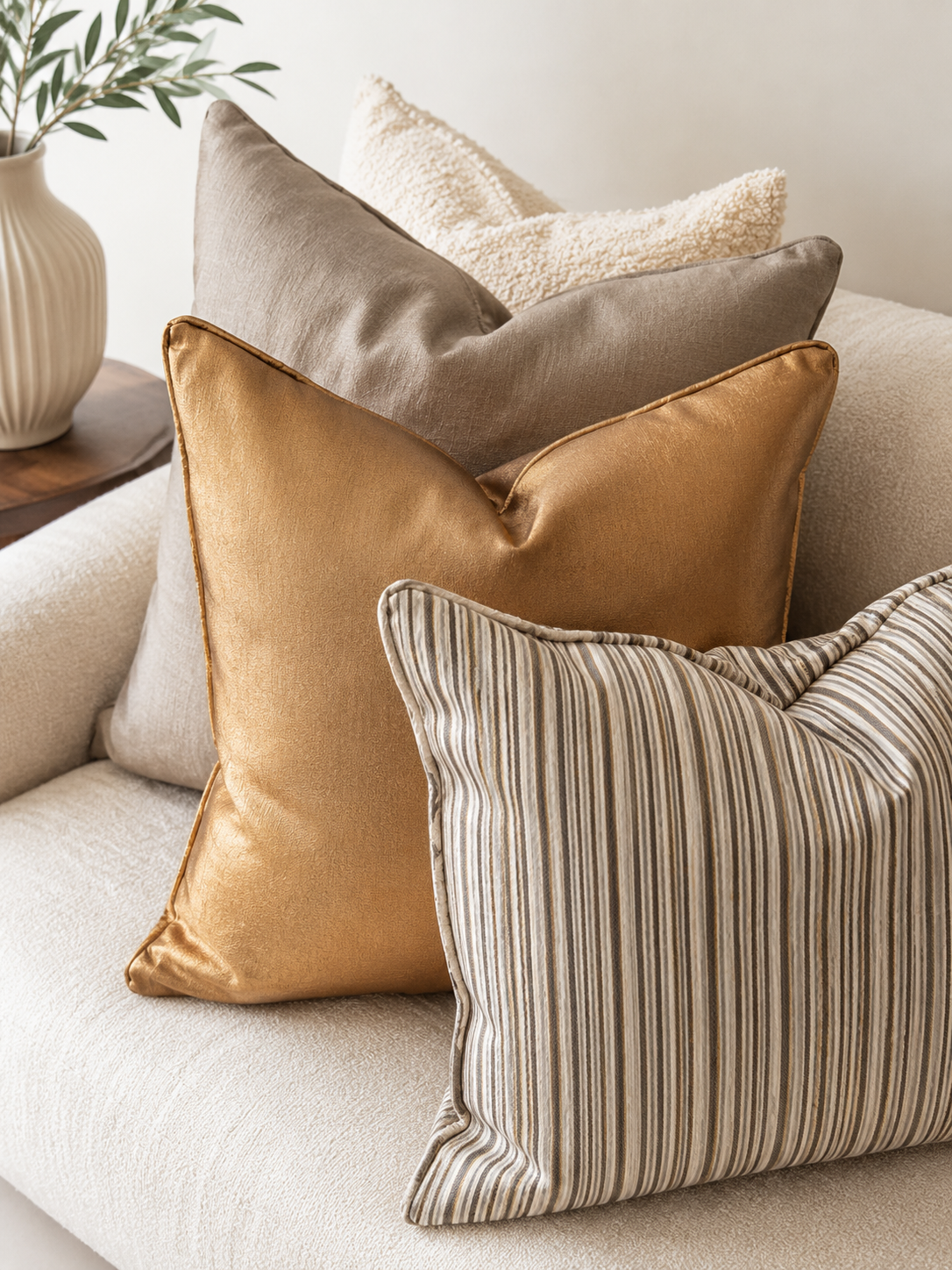 Composition de coussins décoratifs bronze satiné, taupe et rayures fines dans une ambiance néobeldi élégante et lumineuse.