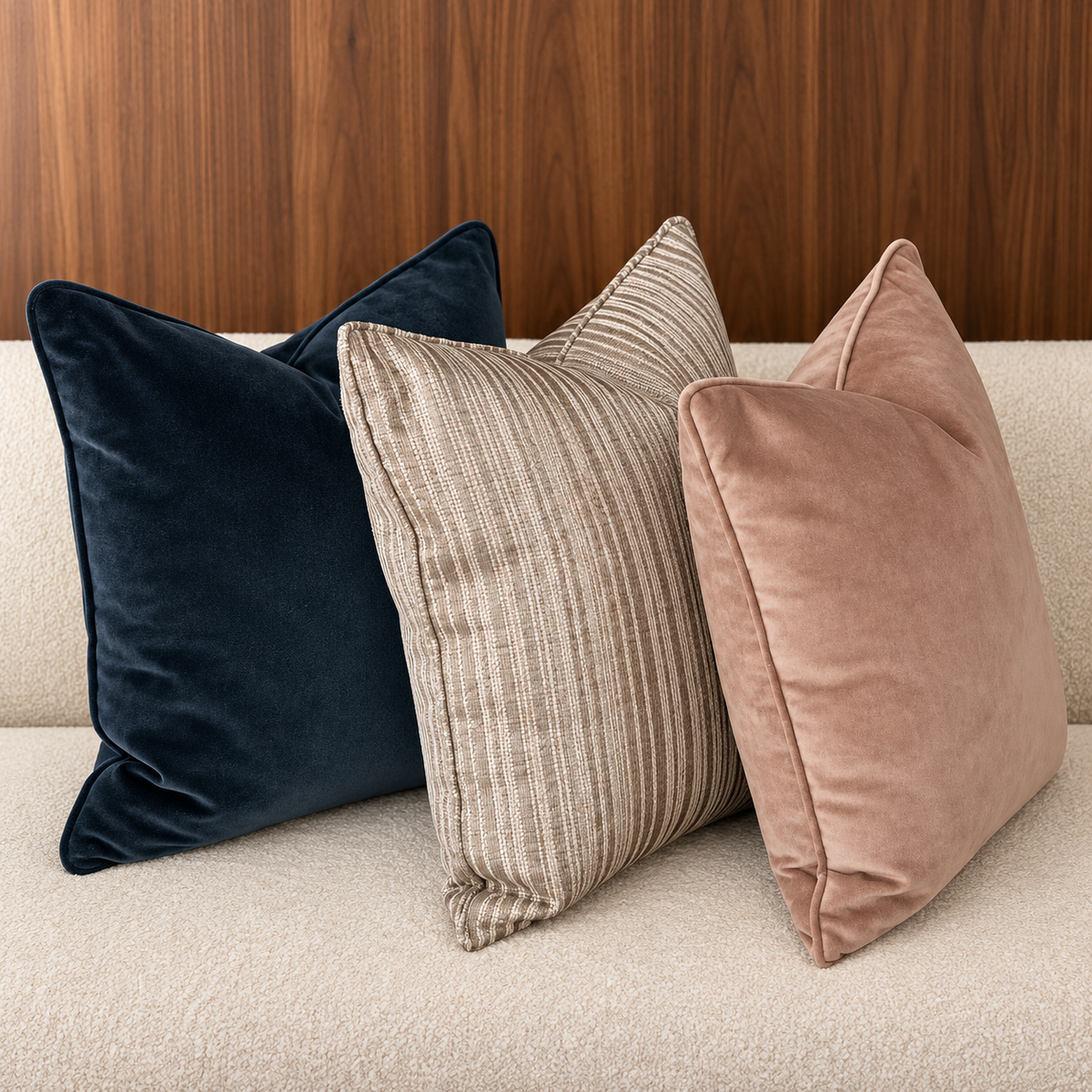 Trio de coussins décoratifs sur canapé, avec un coussin bleu , un coussin à rayures grises et un coussin rose poudré.