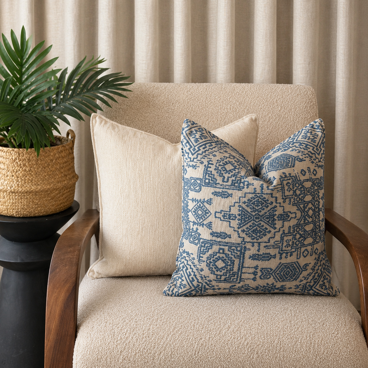Composition de coussins décoratifs bleu et beige à motifs ethniques et texture unie, présentés sur un fauteuil moderne avec une ambiance chaleureuse et élégante. Création Biyadi Collection.