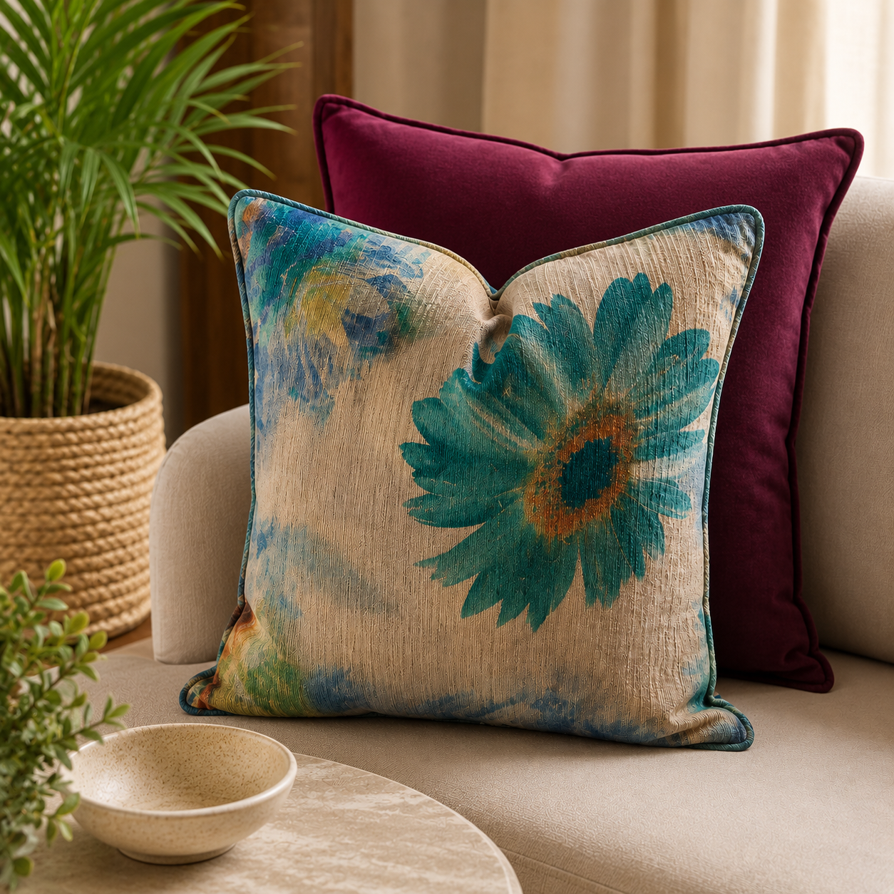 Ambiance élégante avec coussin floral turquoise et coussin uni burgundy sur canapé beige dans un intérieur moderne et chaleureux – Biyadi Collection.