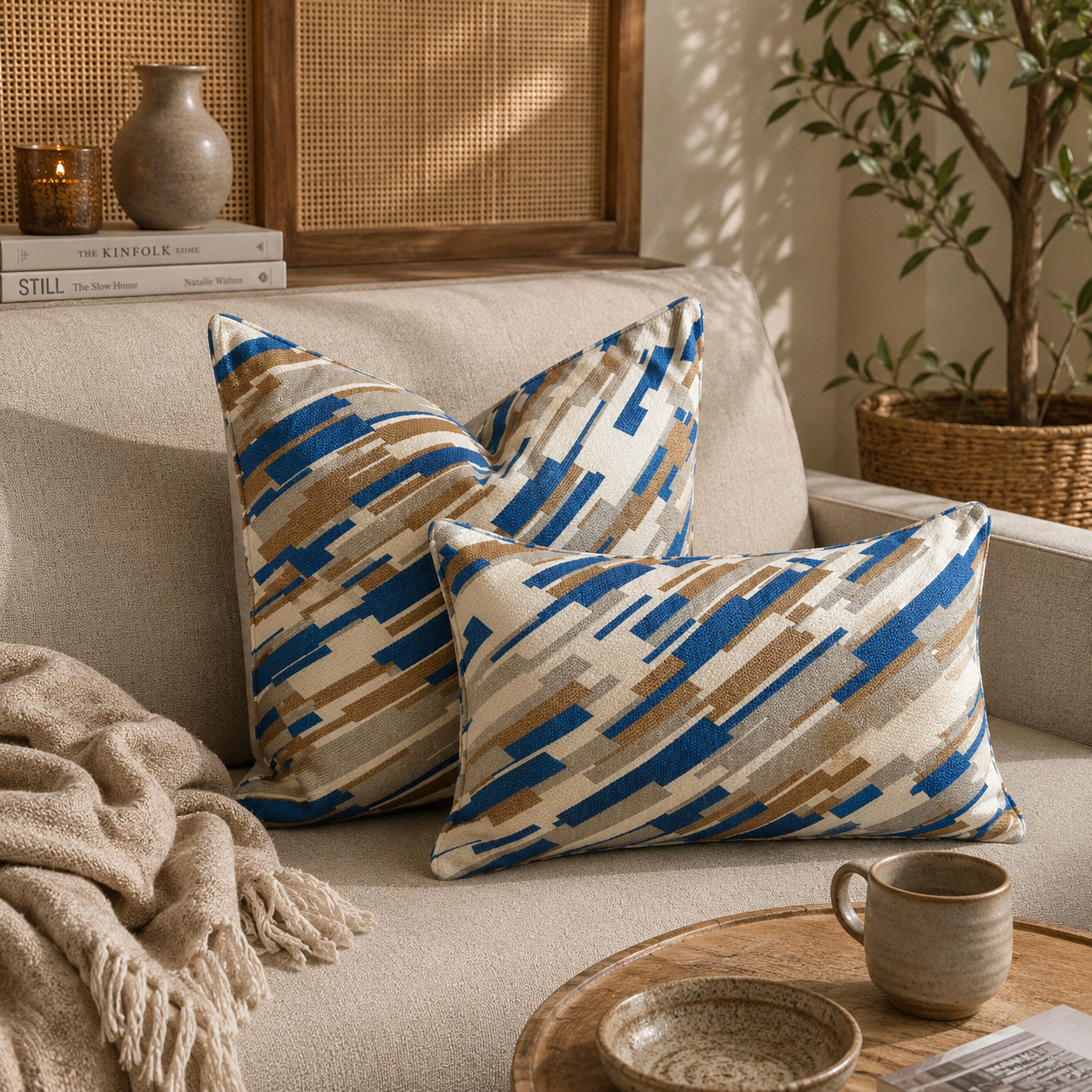 Coussin graphique bleu
