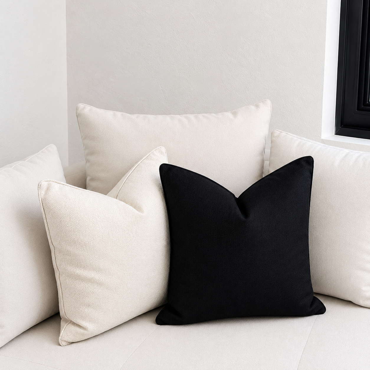 Ambiance minimaliste avec coussins décoratifs noir et écru sur canapé clair, dans un intérieur moderne et élégant aux tons neutres.