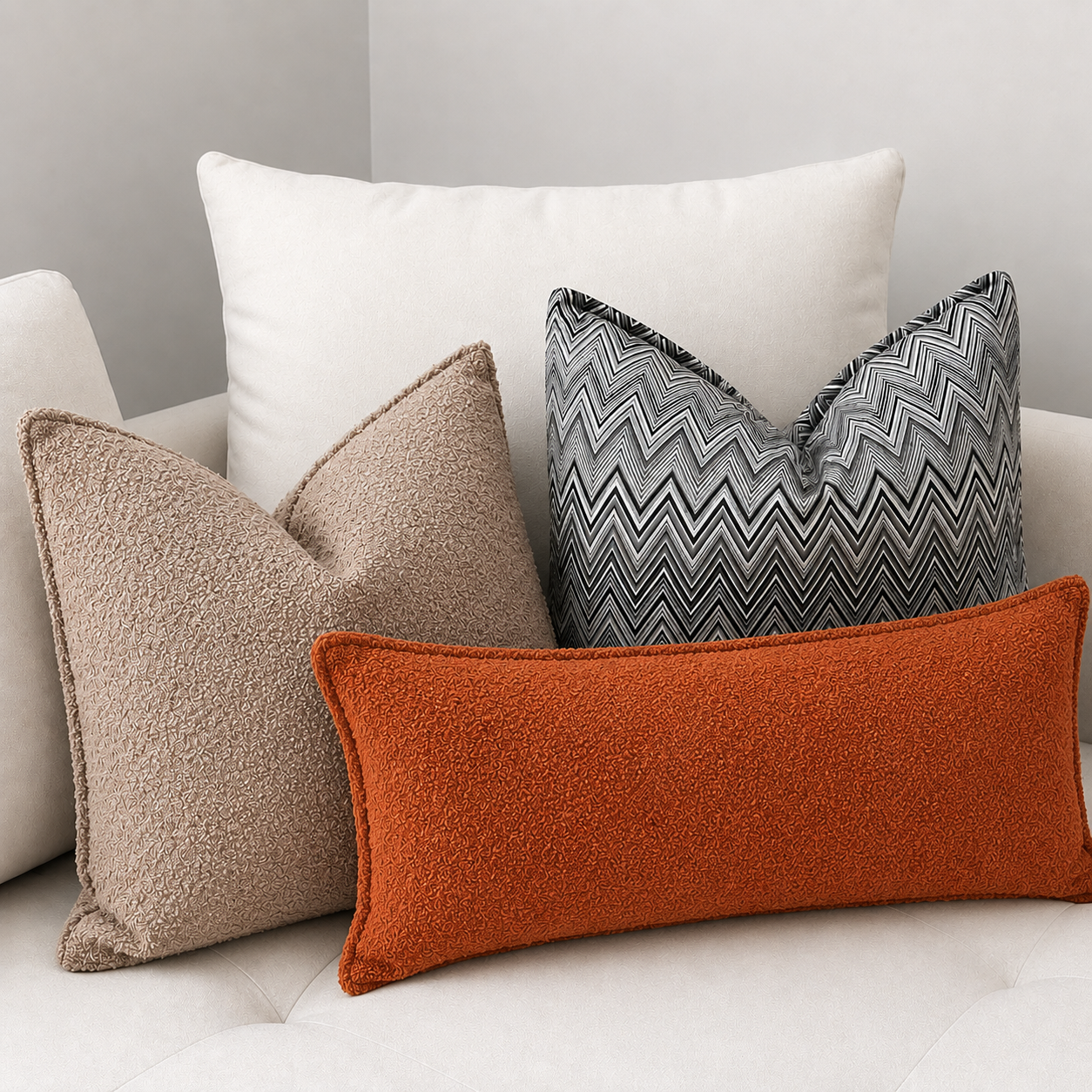 Ensemble de coussins décoratifs modernes en tissu bouclette beige, motif géométrique noir et blanc et coussin rectangulaire terracotta sur canapé clair, ambiance élégante et chaleureuse.