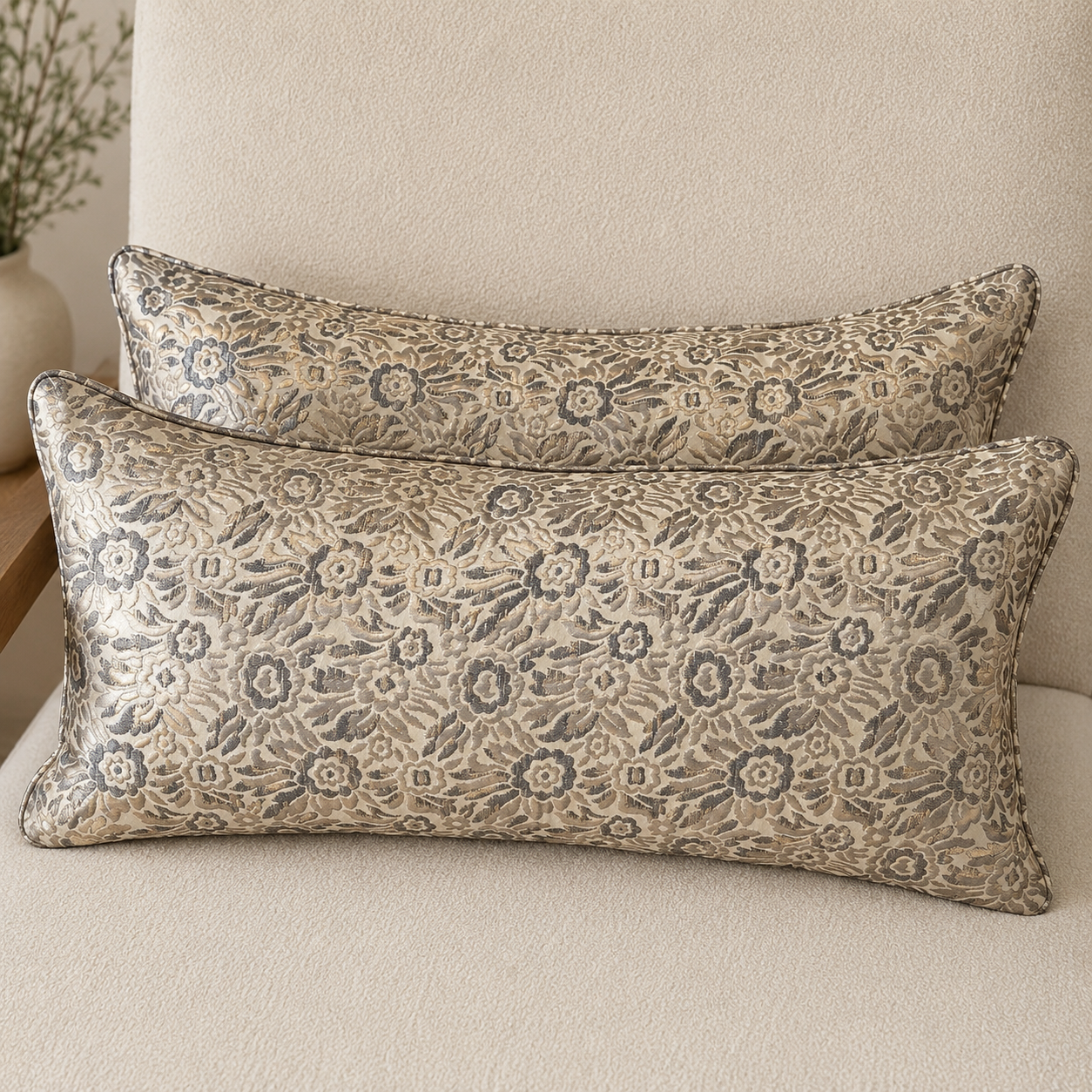 Deux coussins rectangulaires à motif floral bronze et taupe tissé en relief, ambiance élégante et chaleureuse pour salon moderne.