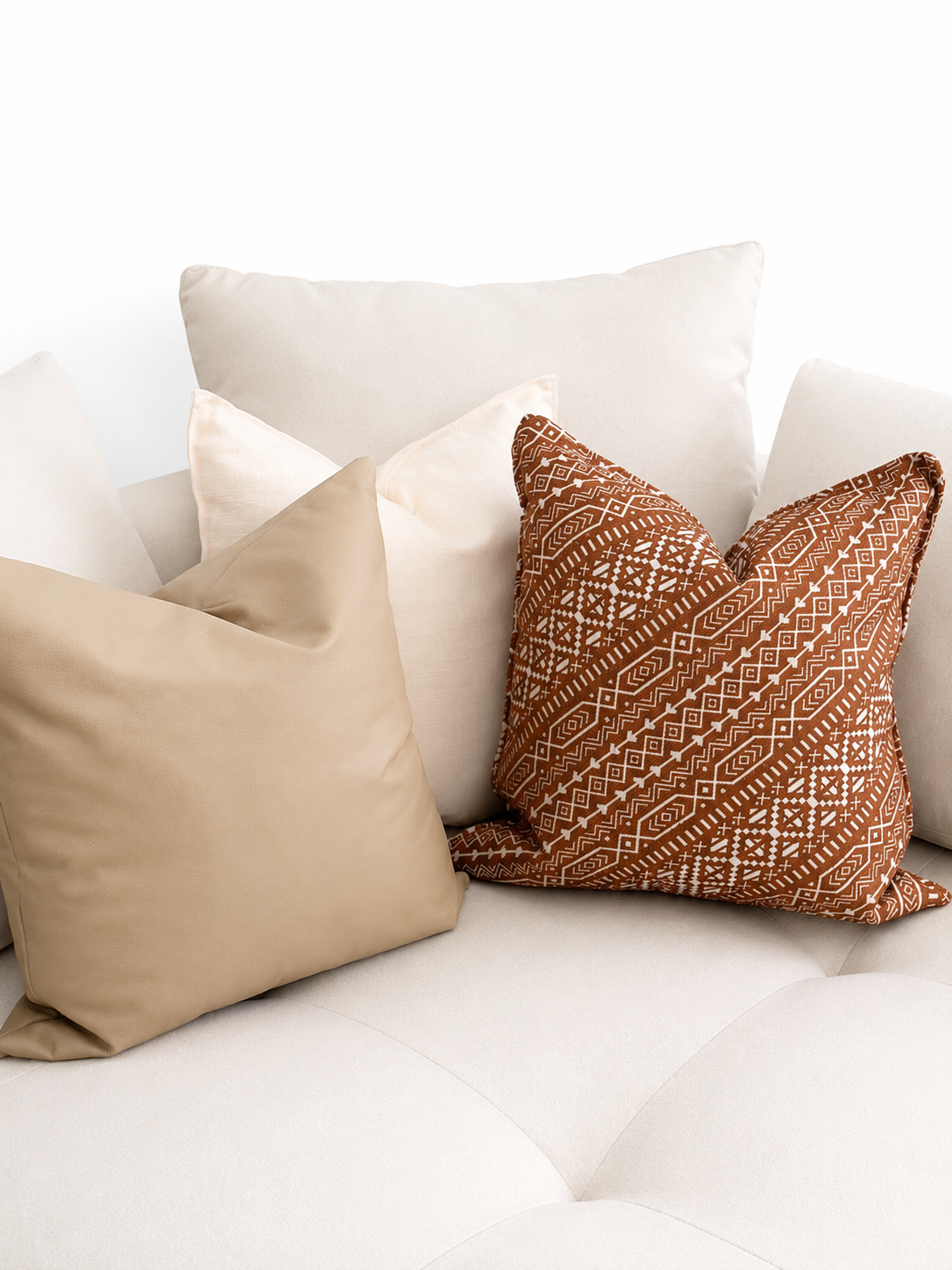 Ensemble de coussins décoratifs taupe en cuir, écru et terracotta à motifs ethniques sur canapé clair dans une ambiance moderne et chaleureuse.