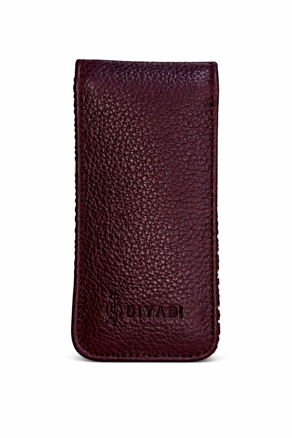 Vue de dos de la pochette à stylos burgundy en cuir grainé avec logo Biyadi embossé.