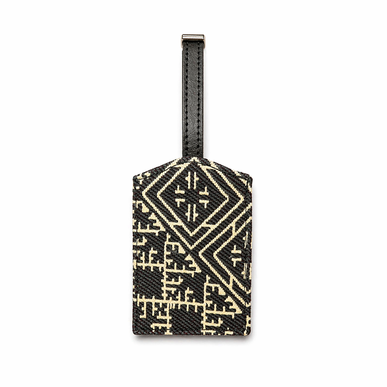 Étiquette bagage en tissu Tarz noir et beige tissé au Maroc avec sangle noire – Biyadi Collection