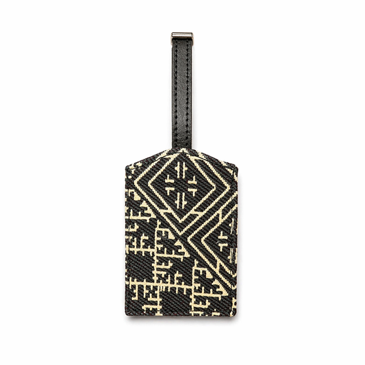 Étiquette bagage en tissu Tarz noir et beige tissé au Maroc avec sangle noire – Biyadi Collection