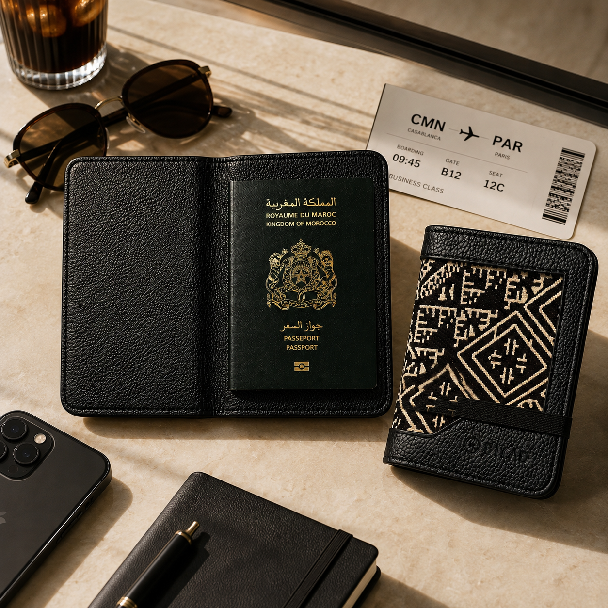 Idée cadeau marocain pour voyage avec porte-passeport en cuir et tissu marocain Biyadi Collection