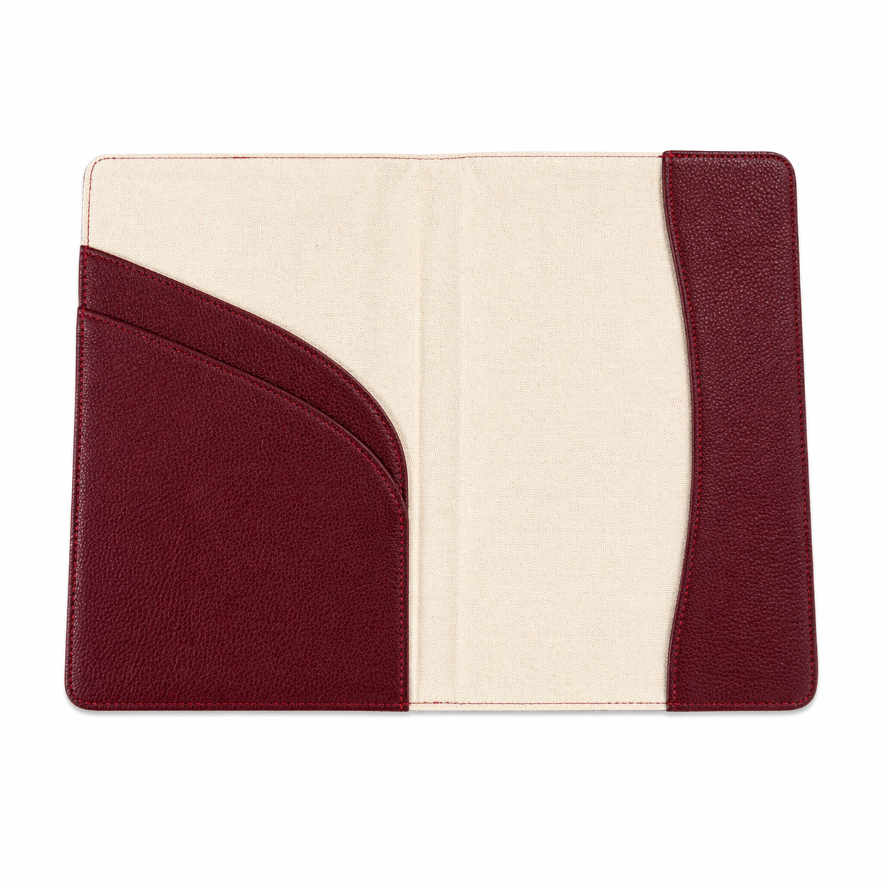 Intérieur du carnet de notes Tarz bordeau Biyadi Collection avec couverture en cuir véritable, doublure en suédine beige et pochettes de rangement.