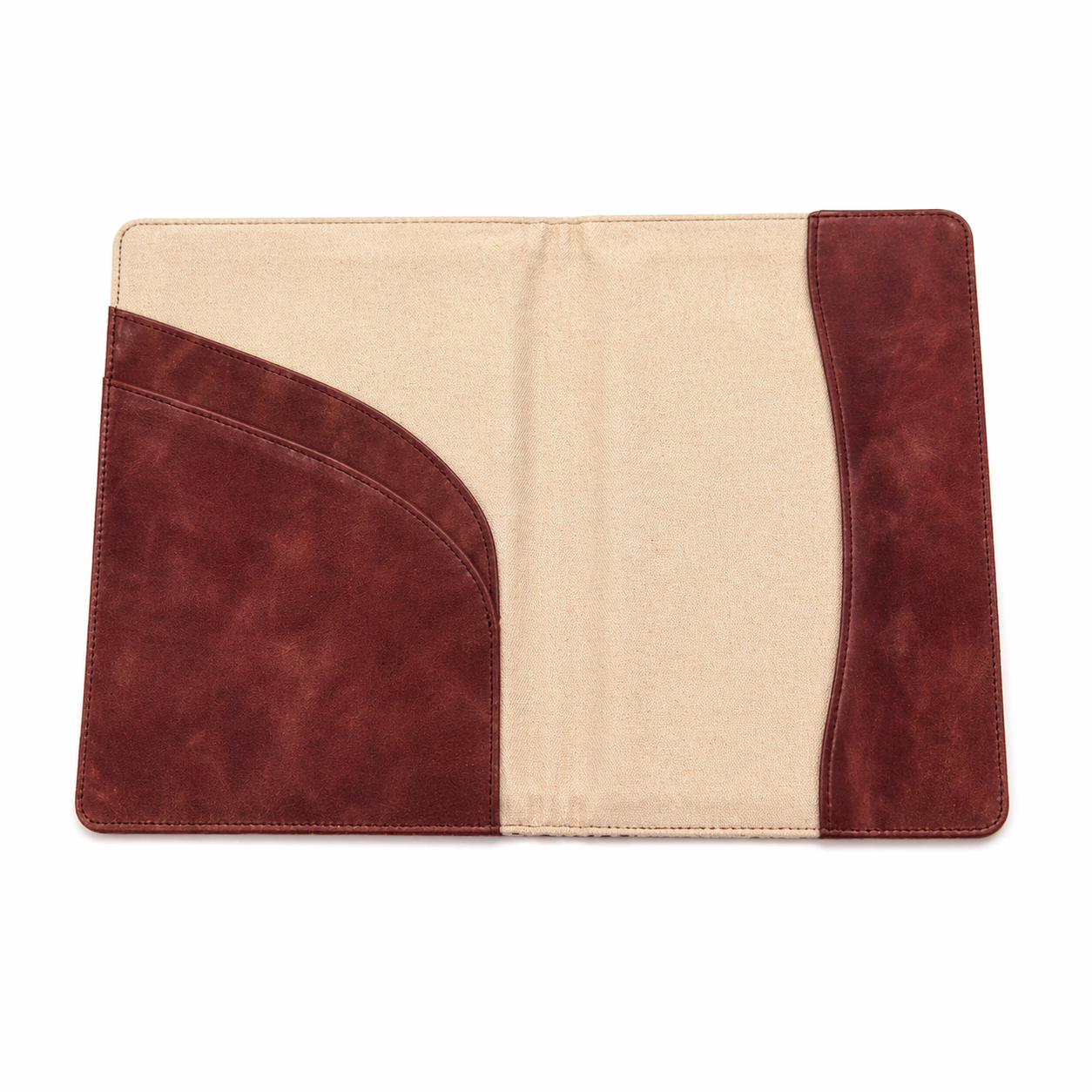Intérieur du carnet de notes Tarzburgundy Biyadi Collection avec couverture en cuir véritable, doublure en suédine beige et pochettes de rangement.